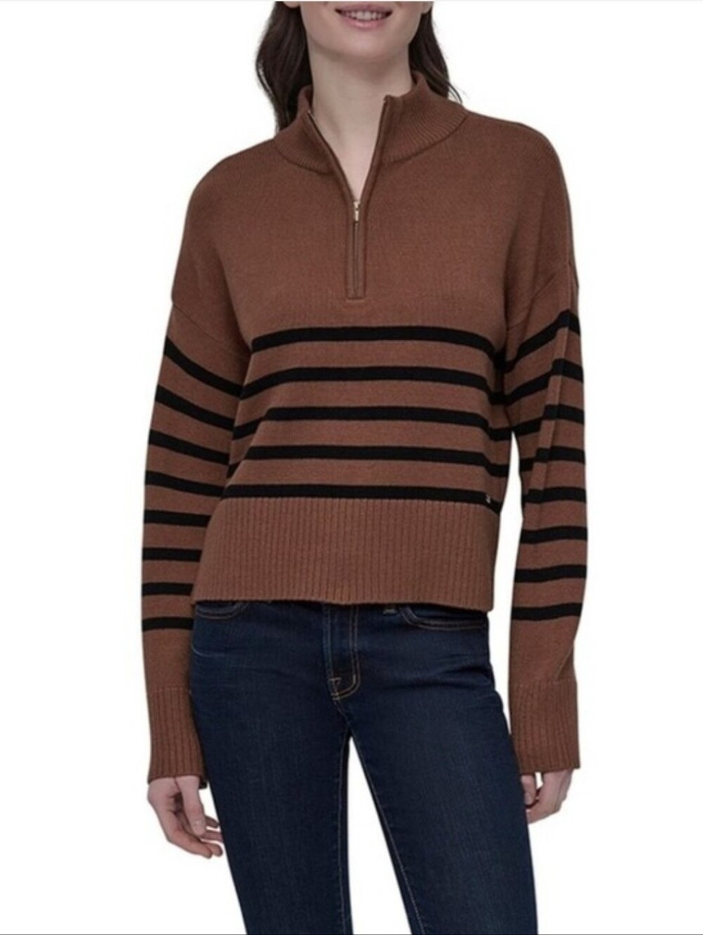 Dkny Brown and Black Striped Half-Zip Turtleneck Sweater